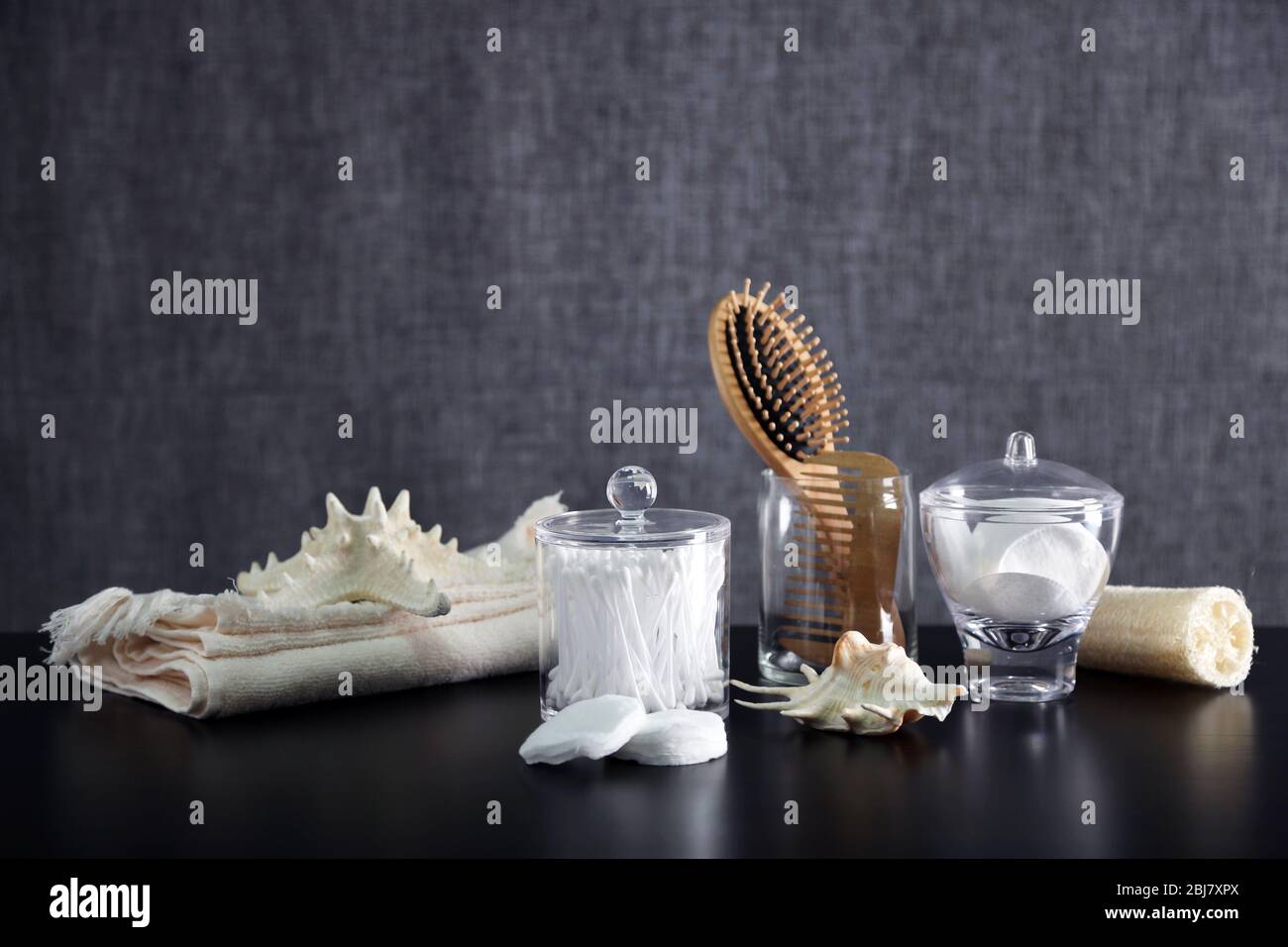 Bathroom Set With Wooden Comb Towel And Sponges On Grey Background Stock Photo Alamy