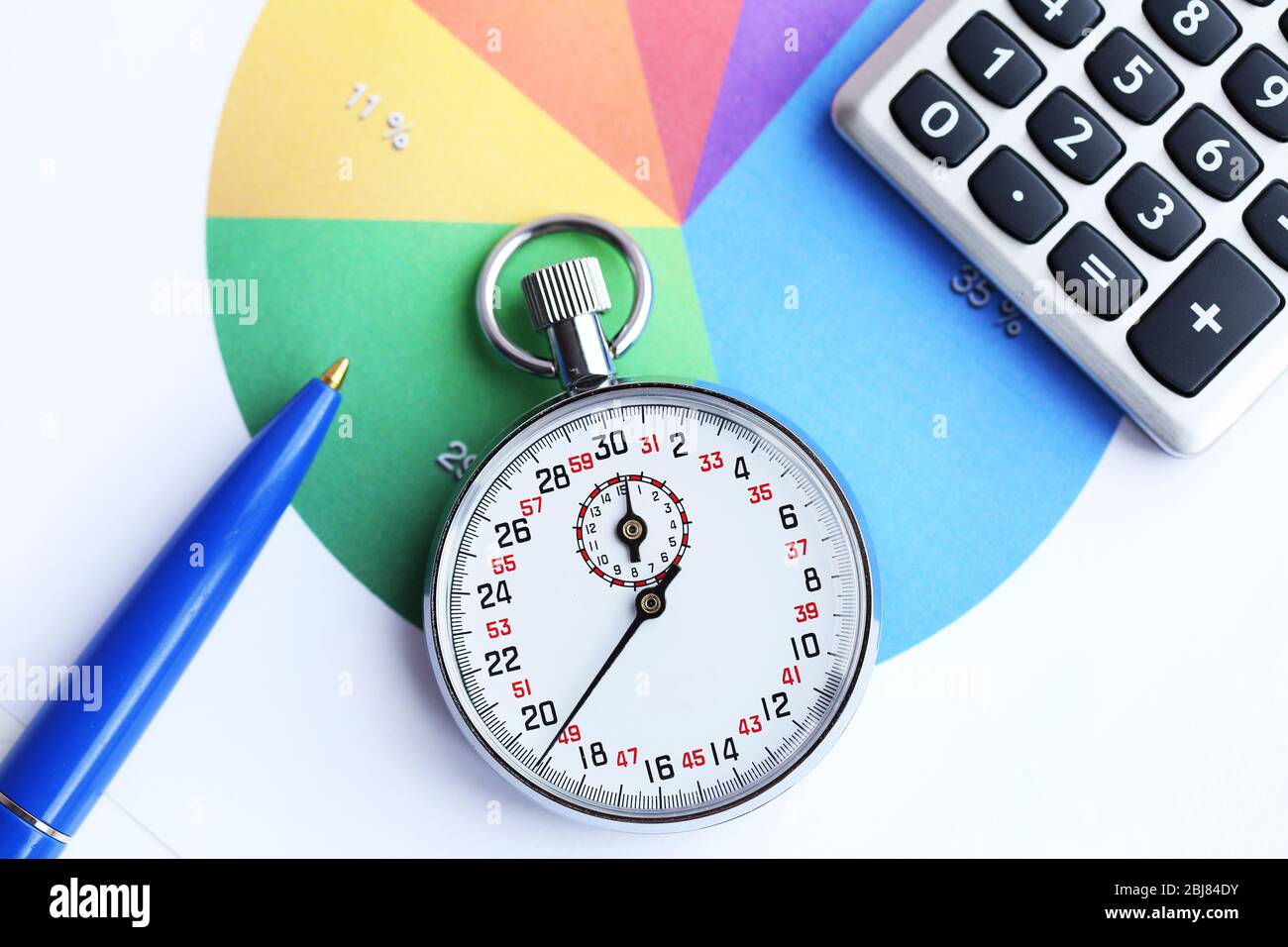 Stopwatch with calculator and pen on paper background Stock Photo - Alamy