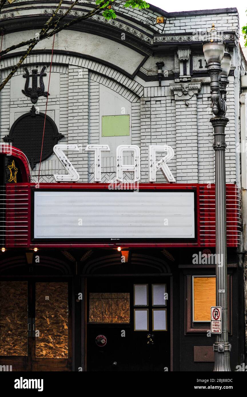 Marquee of the Star Theater music venue, reflecting no shows due to Oregon's Mandatory Statewide Shelter-In-Place order as a response to the Covid-19 Coronavirus pandemic in Portland, Oregon, USA on 26th April, 2020. Photo ©Anthony Pidgeon Stock Photo