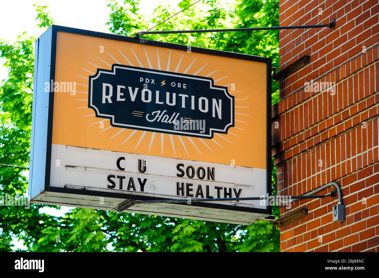 Marquee of Revolution Hall  music venue reflecting Oregon's Mandatory Statewide Shelter-In-Place order as a response to the Covid-19 Coronavirus pandemic in Portland, Oregon, USA on 26th April, 2020. Photo ©Anthony Pidgeon Stock Photo
