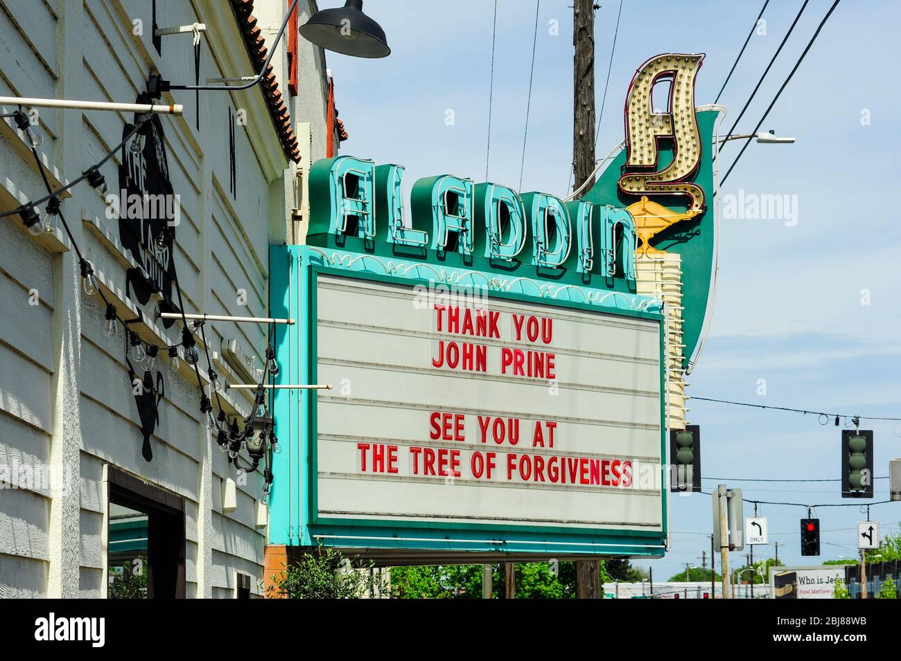 Marquee tribute at the Aladdin Theater music venue in Portland, Oregon, USA, reflecting the passing of John Prine. 26th April, 2020.  Photo ©Anthony Pidgeon Stock Photo