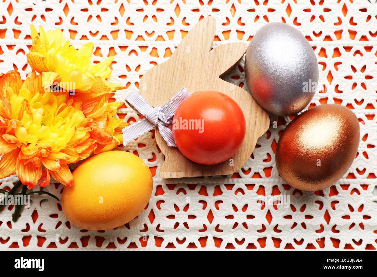 Easter eggs and flower composition, top view Stock Photo