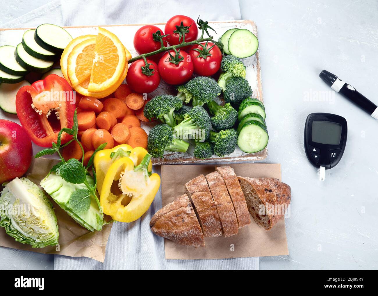 Low glycemic healthy foods for  diabetic diet. Food with foods high in vitamins, minerals,  antioxidants, smart carbohydrates. Top view Stock Photo