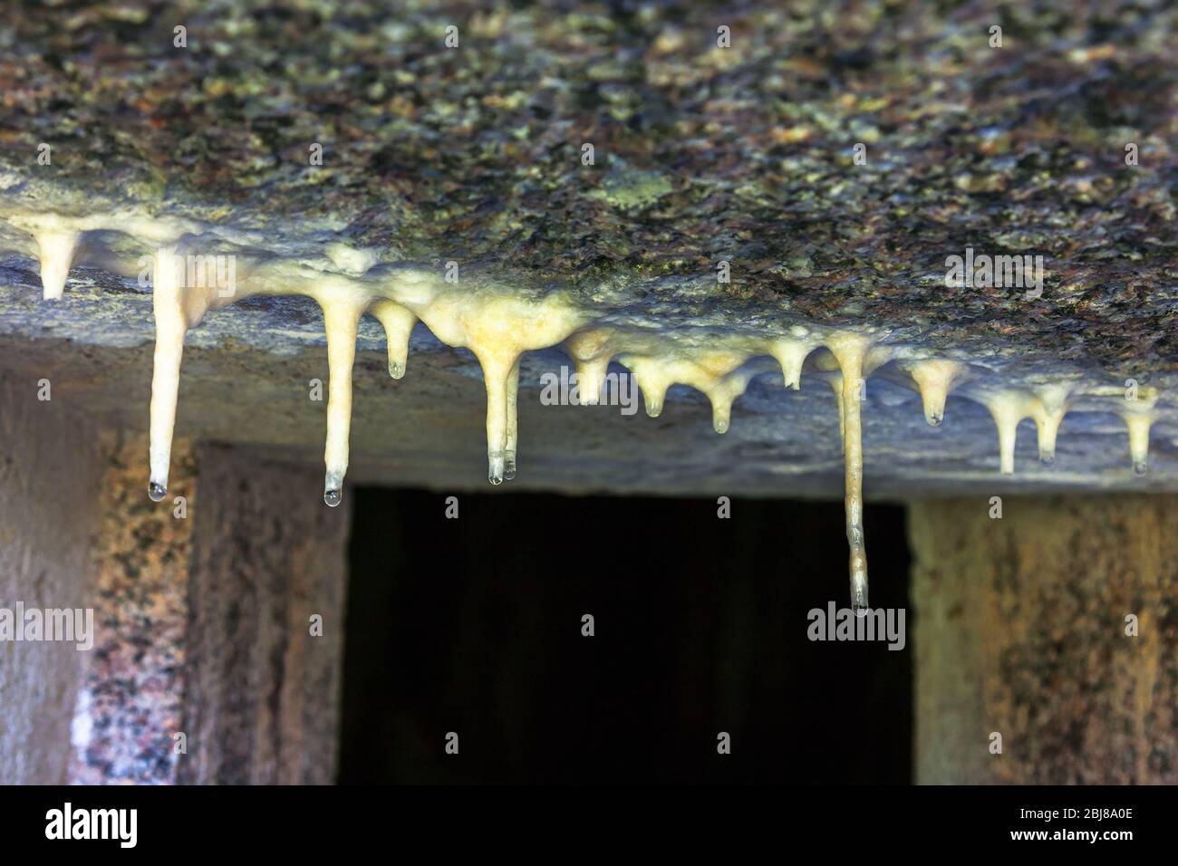 Stalactites on the ceiling with drops Stock Photo