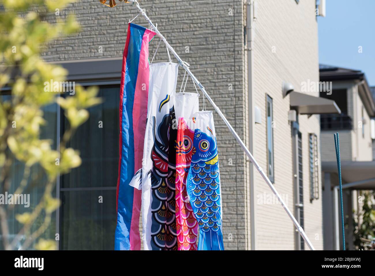 Banner of koinobori or carp are displayed outside a house in Japan to celebrate Children's Day or Kodomo No Hi - an official holiday in Japan. Stock Photo