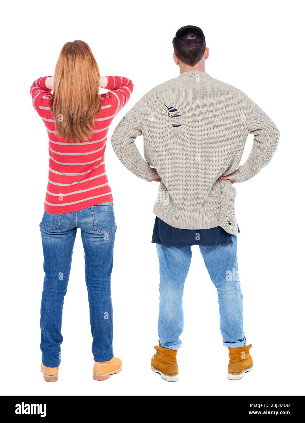Back view couple in sweater. beautiful man and woman. Rear view people ...