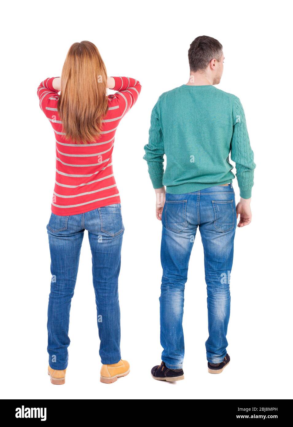 Back view couple in sweater. beautiful man and woman. Rear view people ...