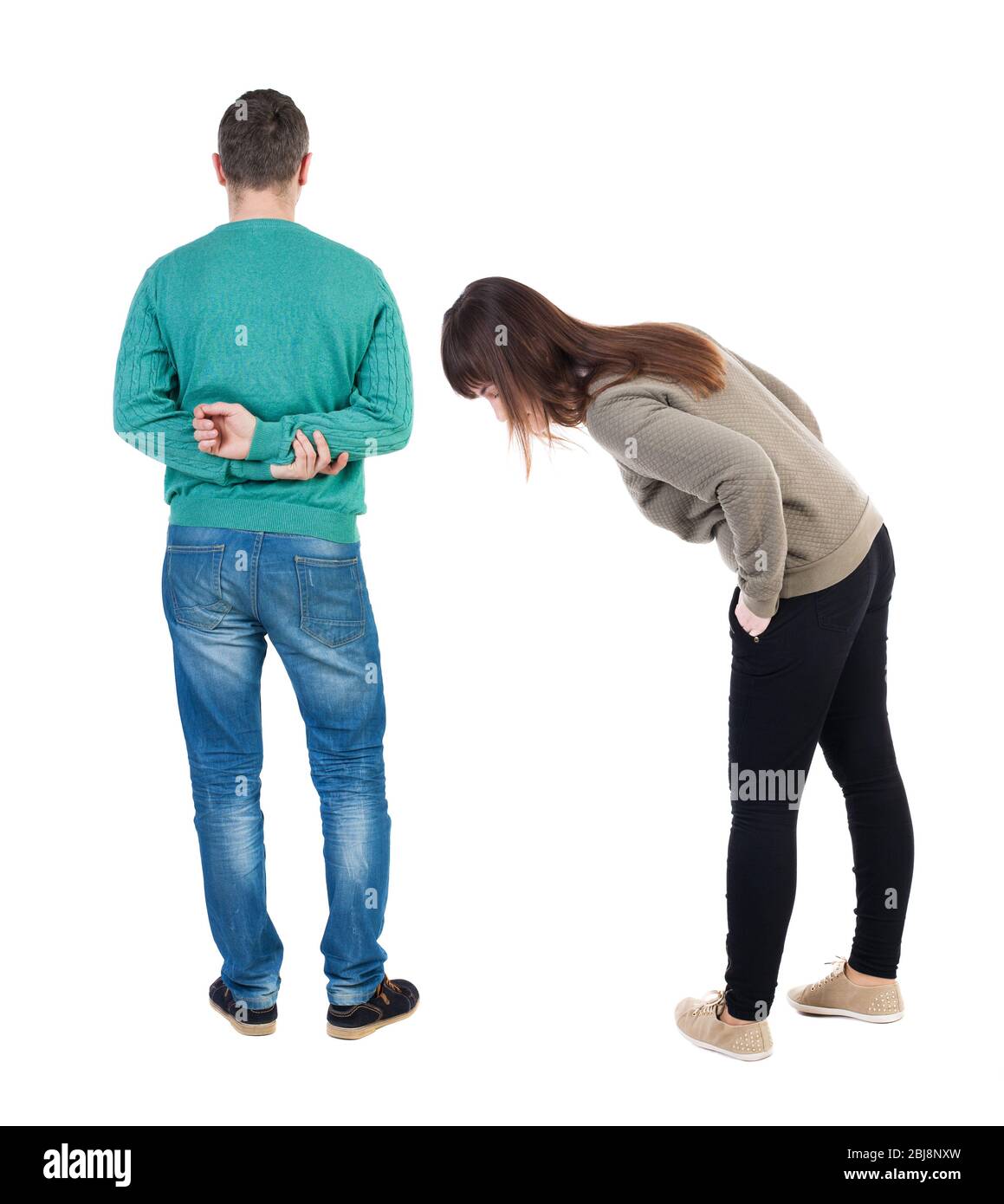 Back view couple in sweater. beautiful man and woman. Rear view people ...