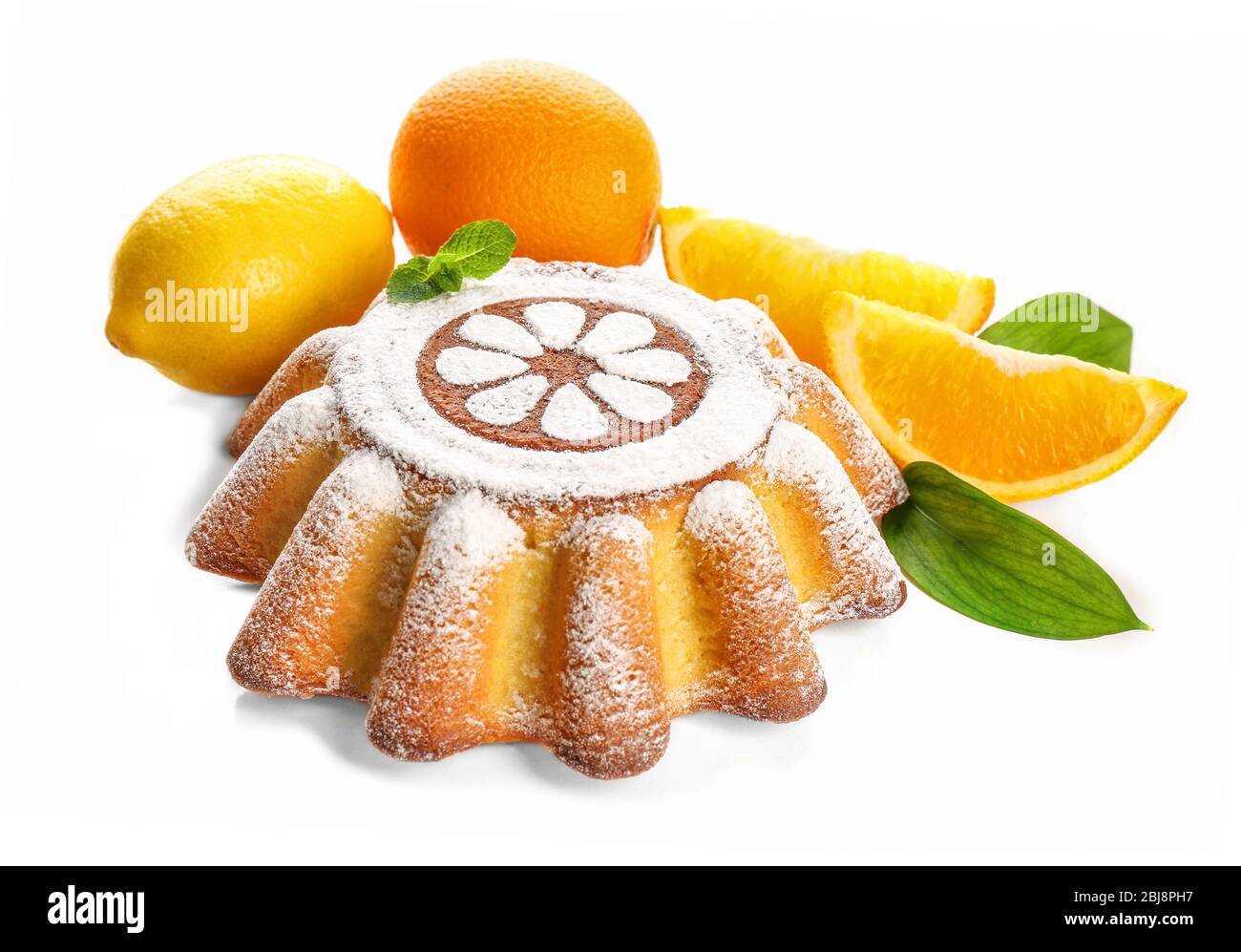 Delicious citrus cake with lemons and oranges on white background Stock Photo
