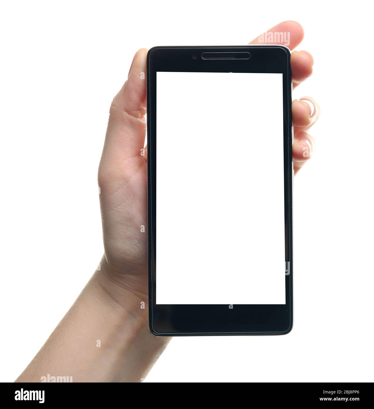 Female hand holding a smartphone on white background Stock Photo - Alamy