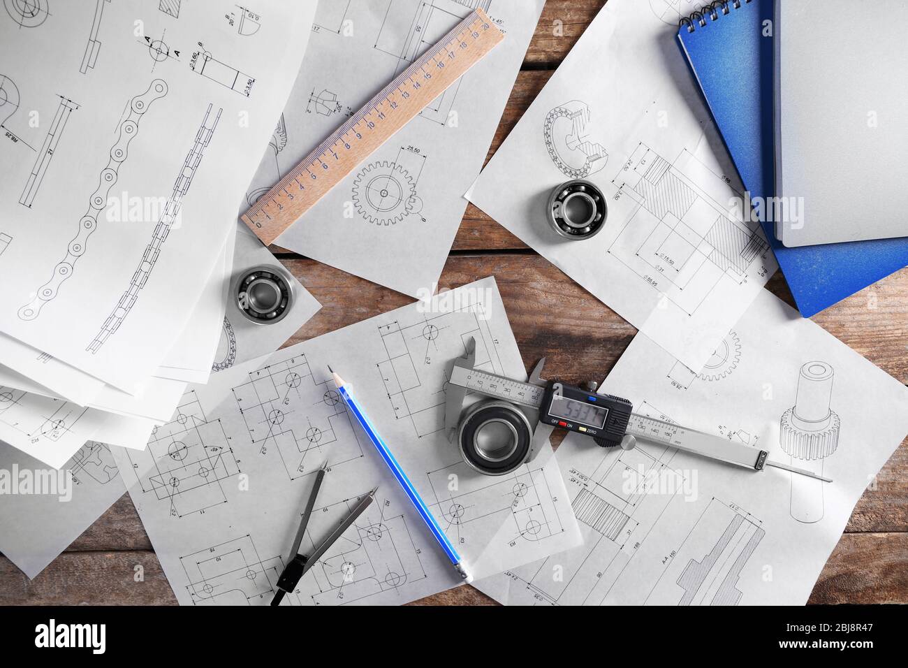 Draw Machine Top View Set of engineering drawings with tools, top view Stock Photo - Alamy