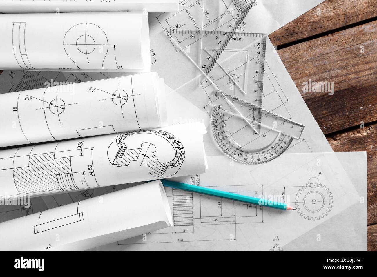 Set of engineering drawings with tools, top view Stock Photo - Alamy