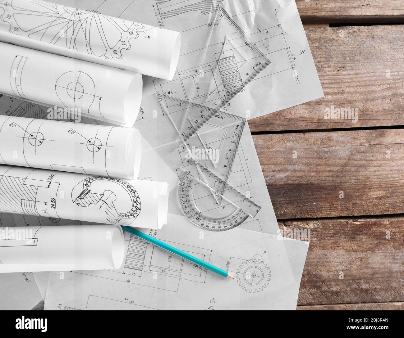 Set of engineering drawings with tools, top view Stock Photo - Alamy