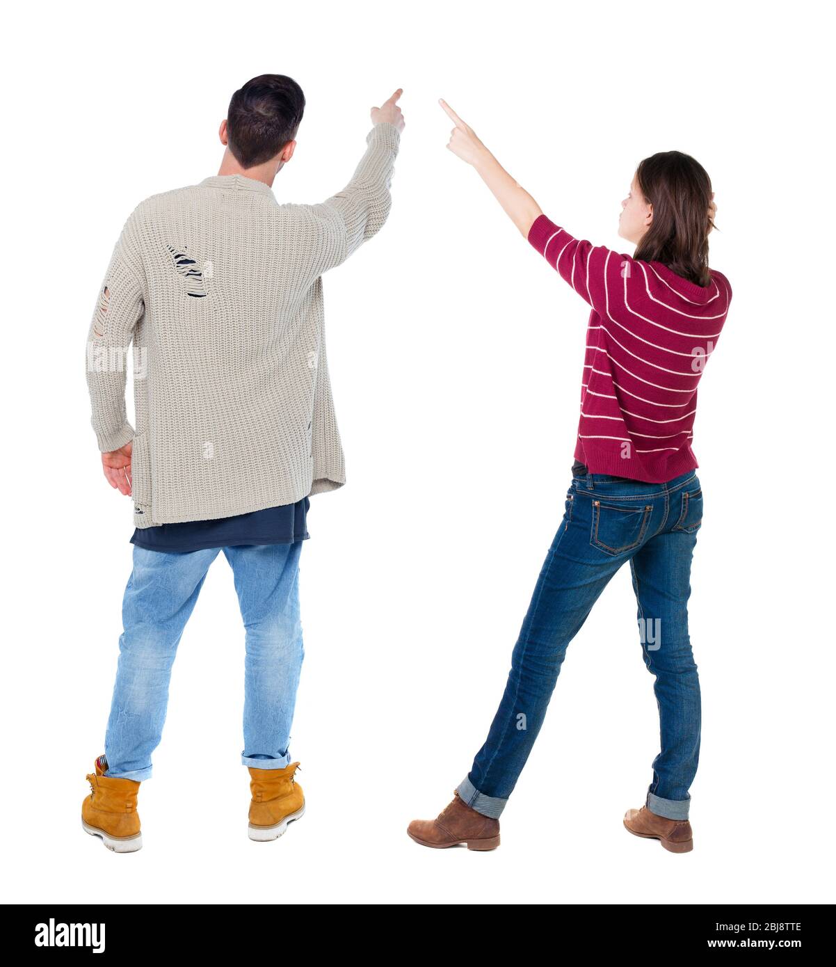 One Rear Face Facing Back view of couple in sweater pointing. Rear view people collection ...
