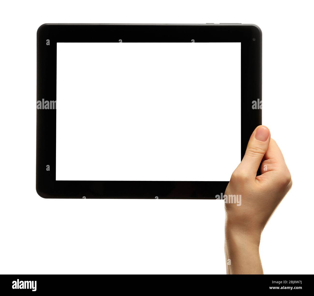 Female hand holding tablet isolated on white Stock Photo - Alamy