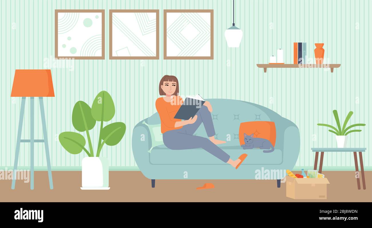 Home entertainment, isolation period, relax concept. Cozy interior living room with a cat. Girl on sofa reading a book. Stock vector illustration in Stock Vector
