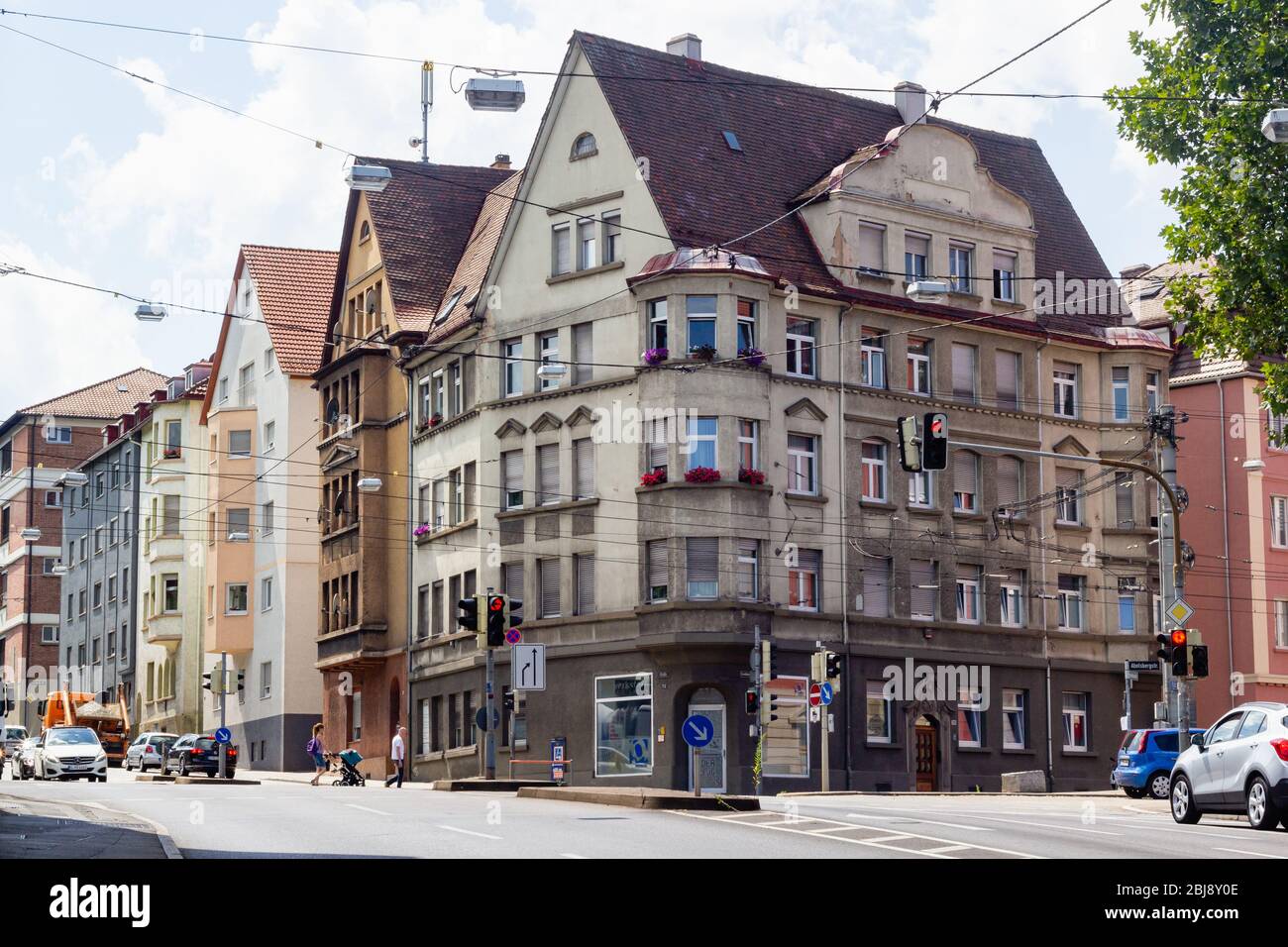 Stuttgart, Germany - July 2016: busy street with old german buildings of Gaisburg district in Stuttgart-Ost Stock Photo