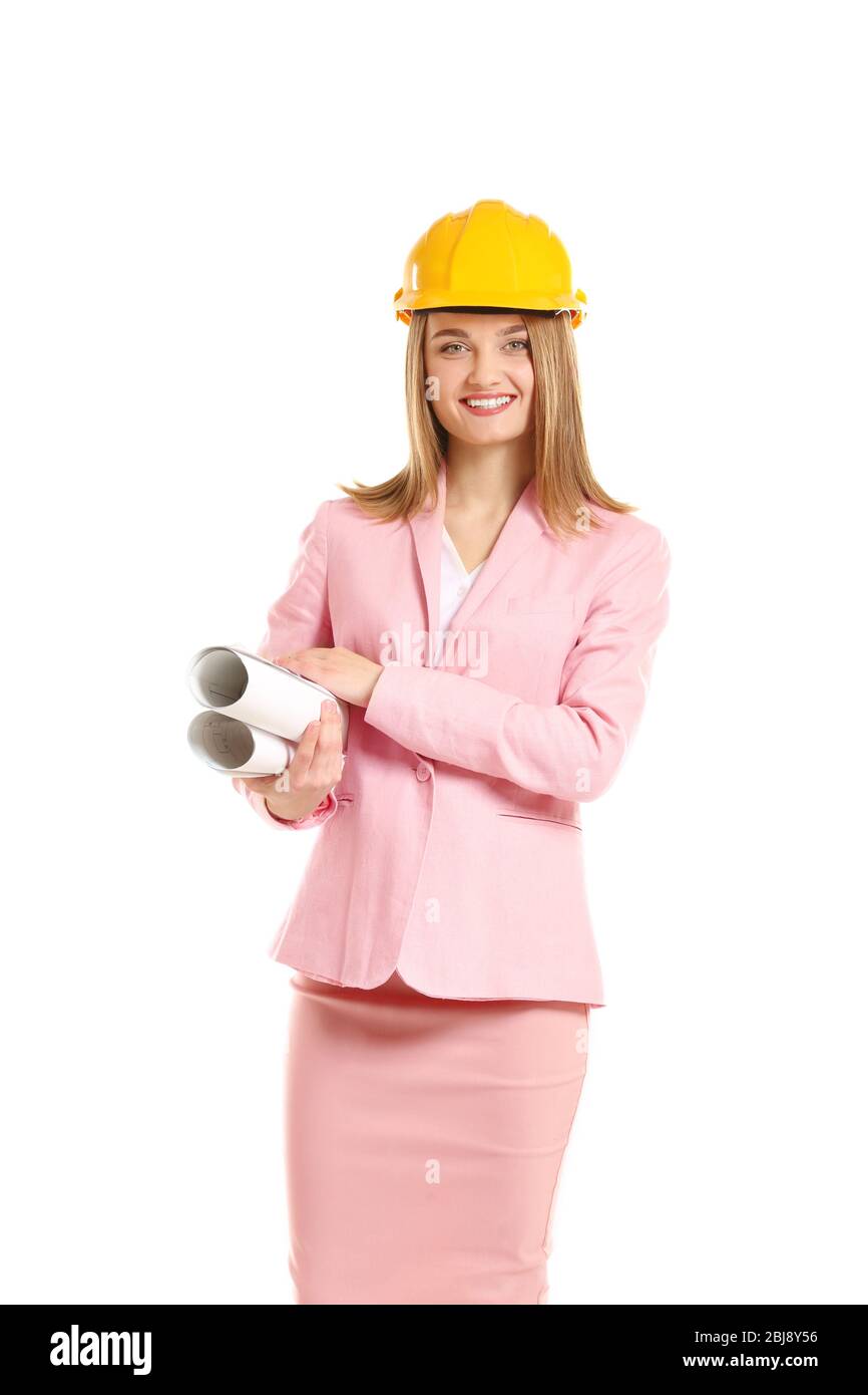 Young beautiful female construction engineer isolated on white Stock ...