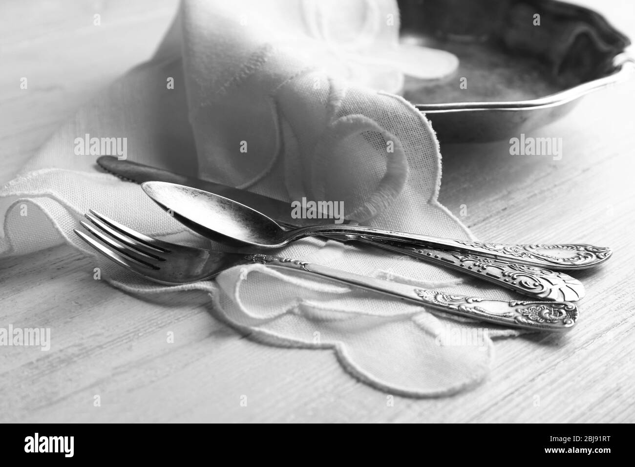 Set of dinnerware on wooden table Stock Photo