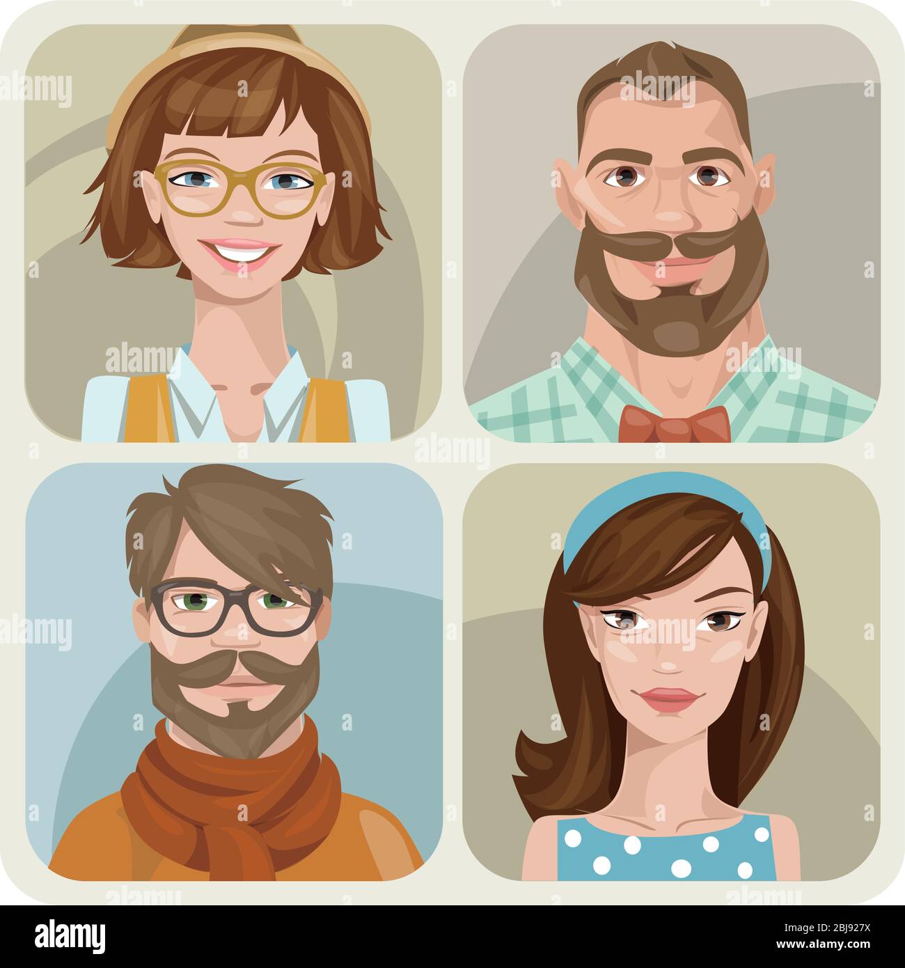 Set of four male and female young characters. Stock Vector