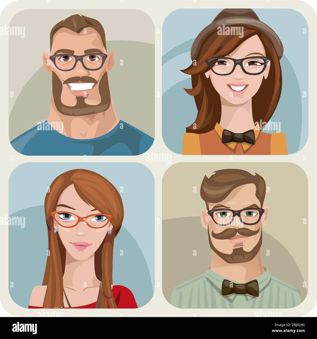 Set of four male and female young characters. Stock Vector