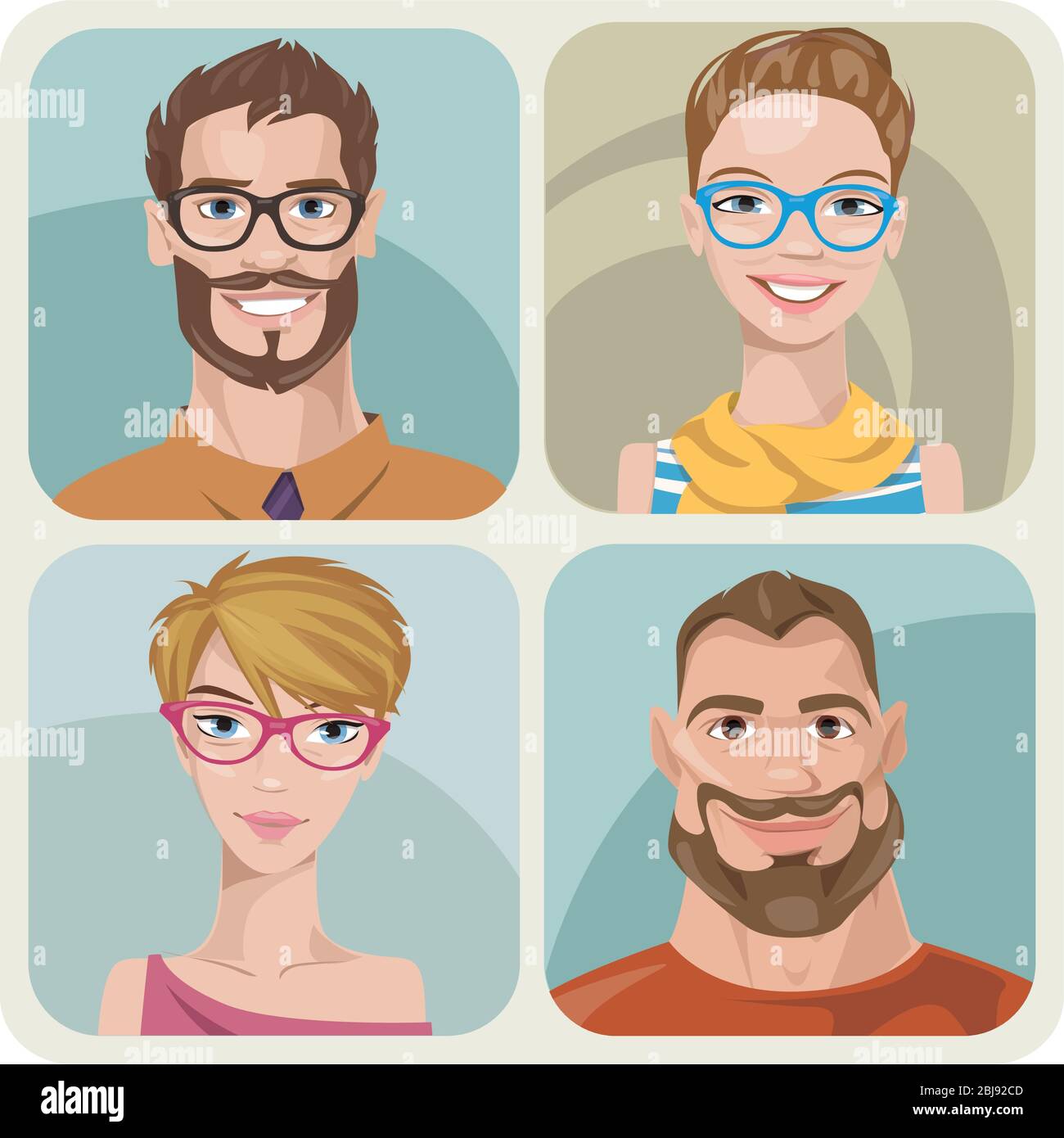 Set of four male and female young characters. Stock Vector