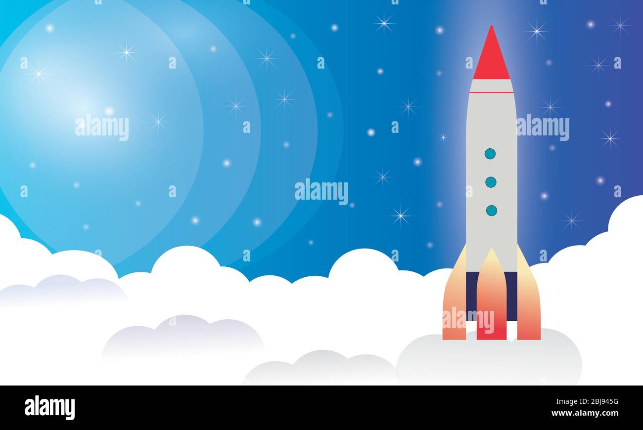 Concept rocket launch. Space travel to the moon. Project start up and development process. Stock Vector