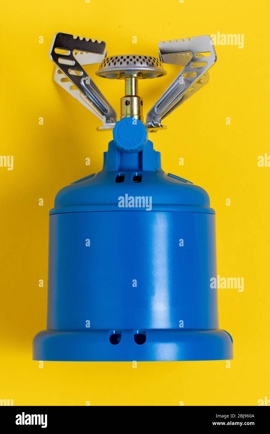 Camping and survival concept. Closeup of a blue Camping stove or gas