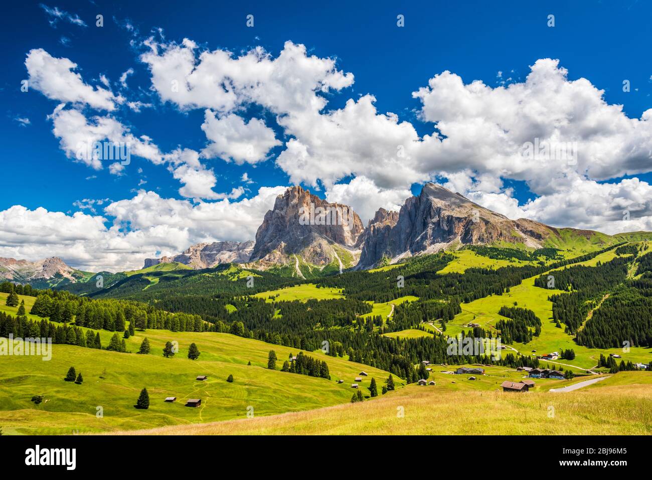 July and August 2025 Calendar Printable: Breathtaking views of the Dolomites in the summer. Alpe di Siusi. UNESCO. Italy