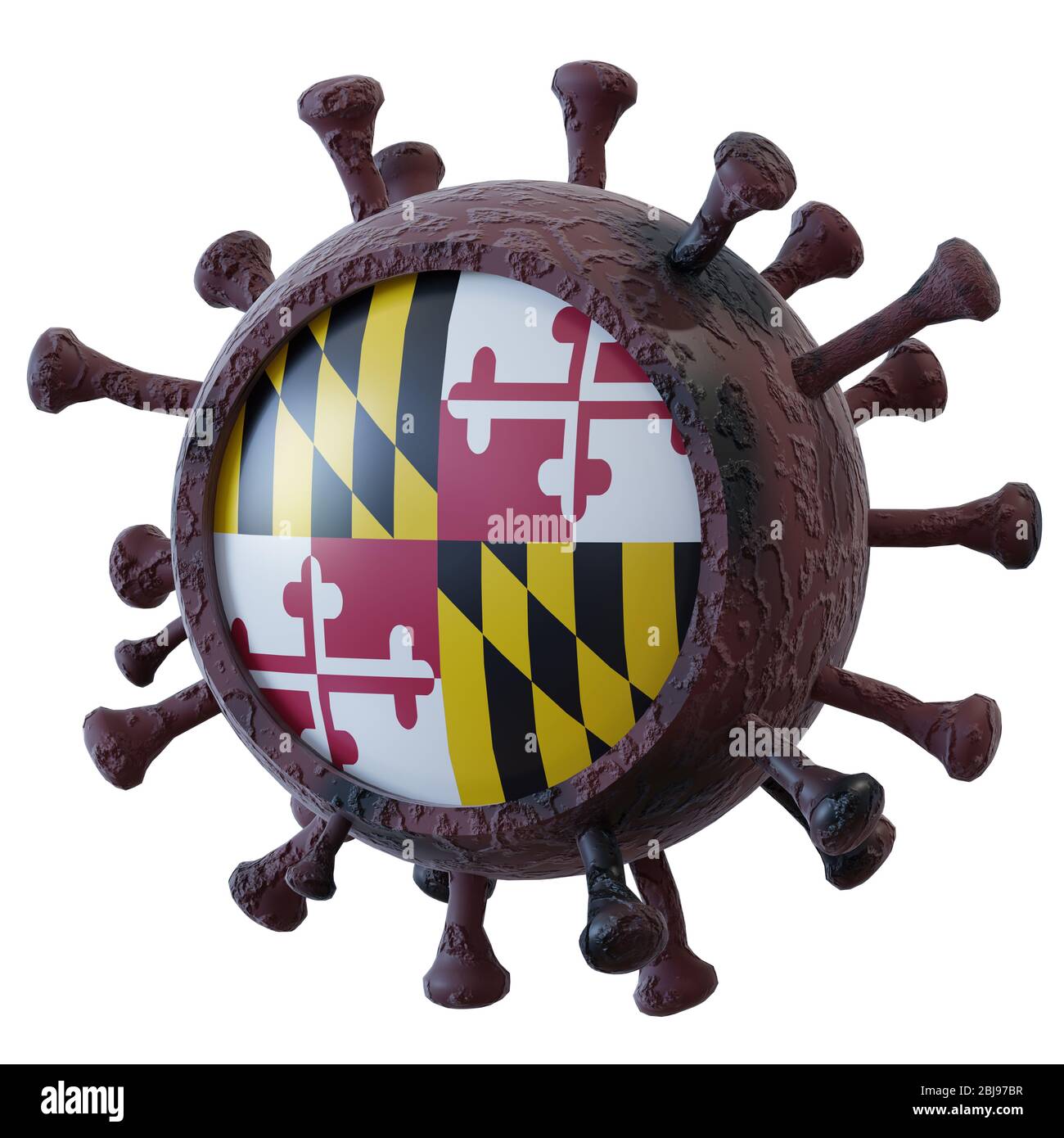 3d rendering of a Maryland State USA flag over a virus covid19. Concept ...