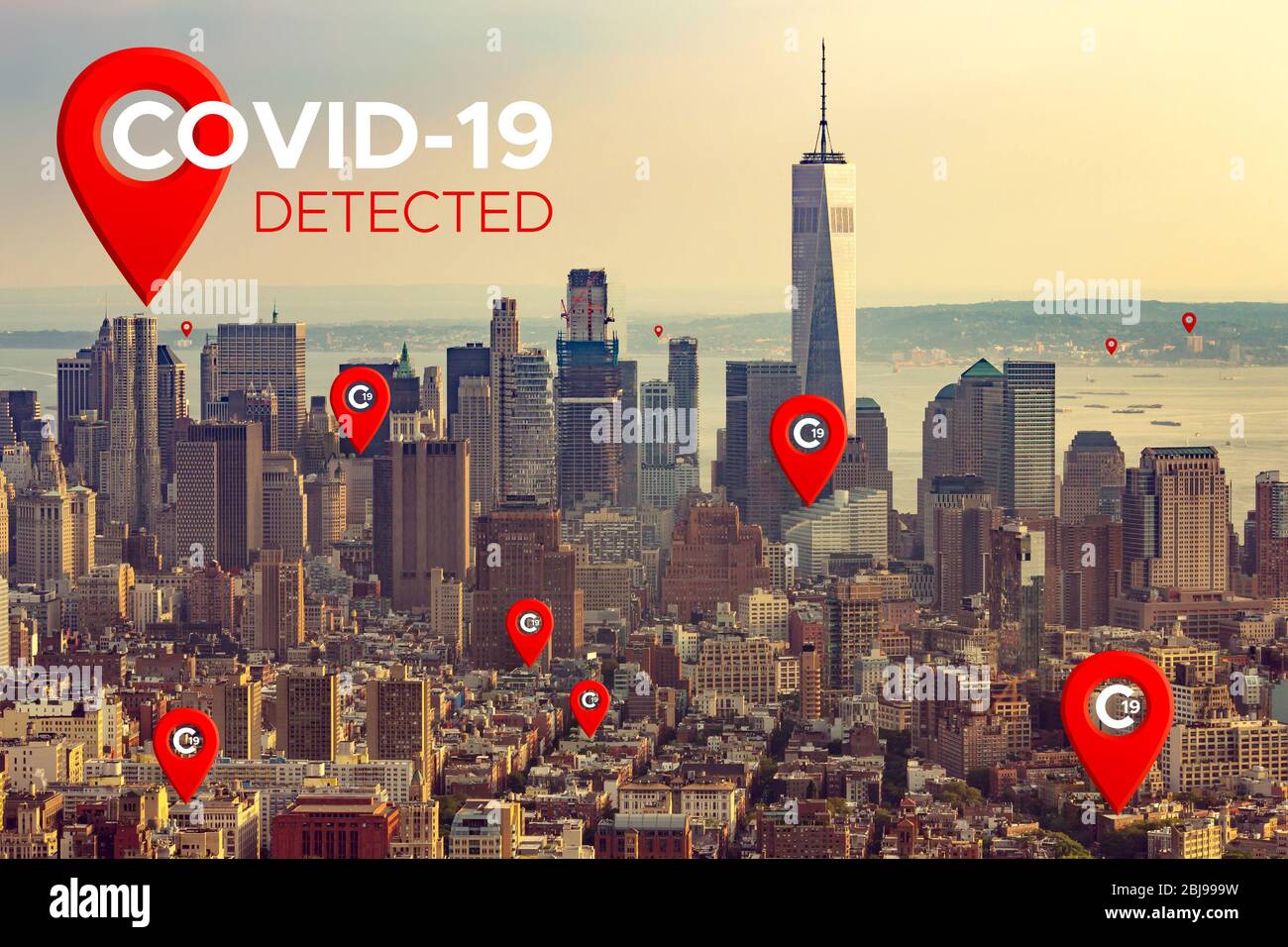 Map pointer icon on New York background. COVID-19 Stock Photo