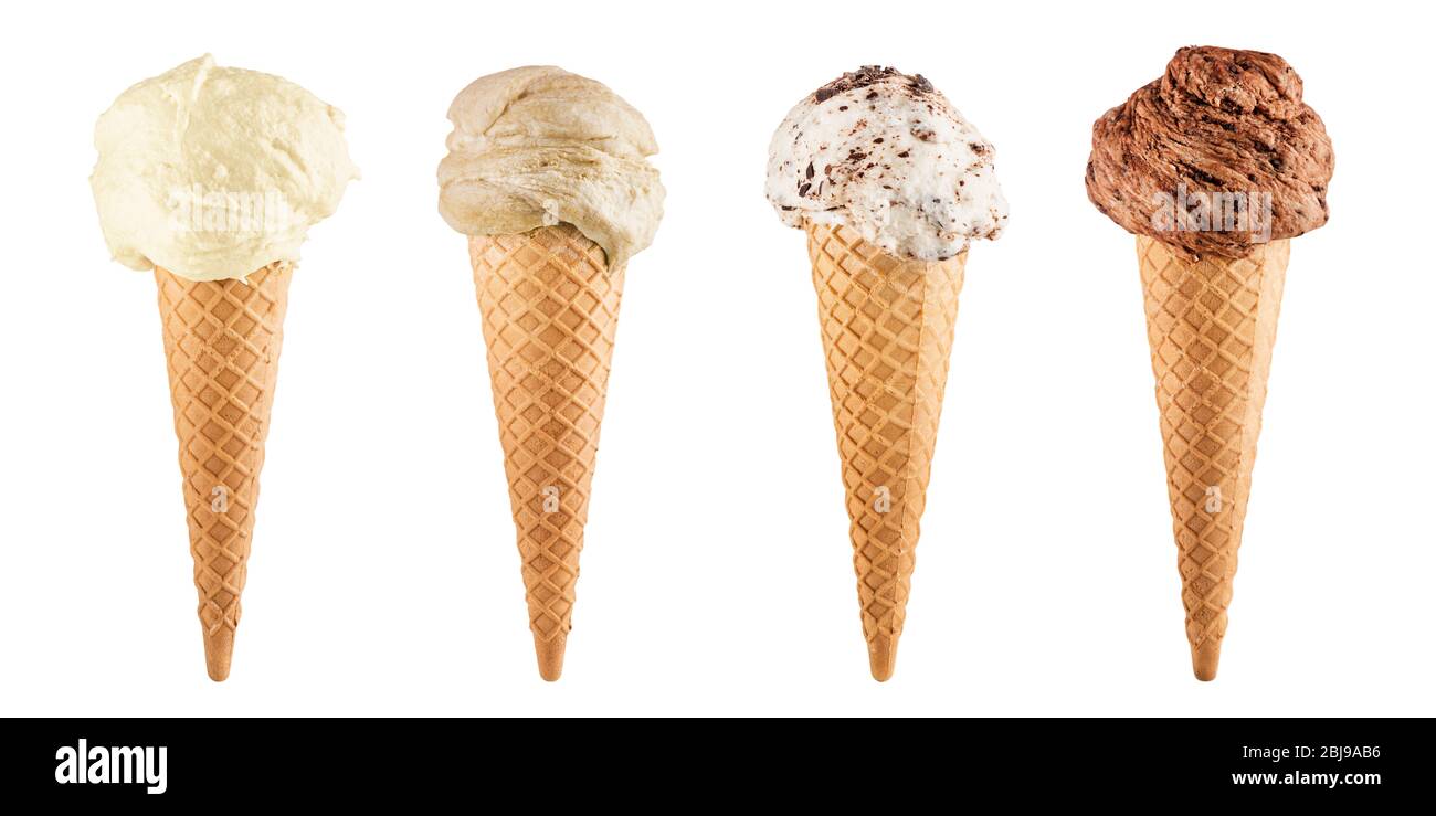 Ice cream cones with different flavors, isolated on white Stock Photo
