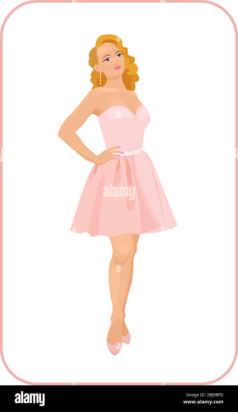 Beautiful woman in pink dress. Vector illustration of blond girl isolated on white background. Stock Vector