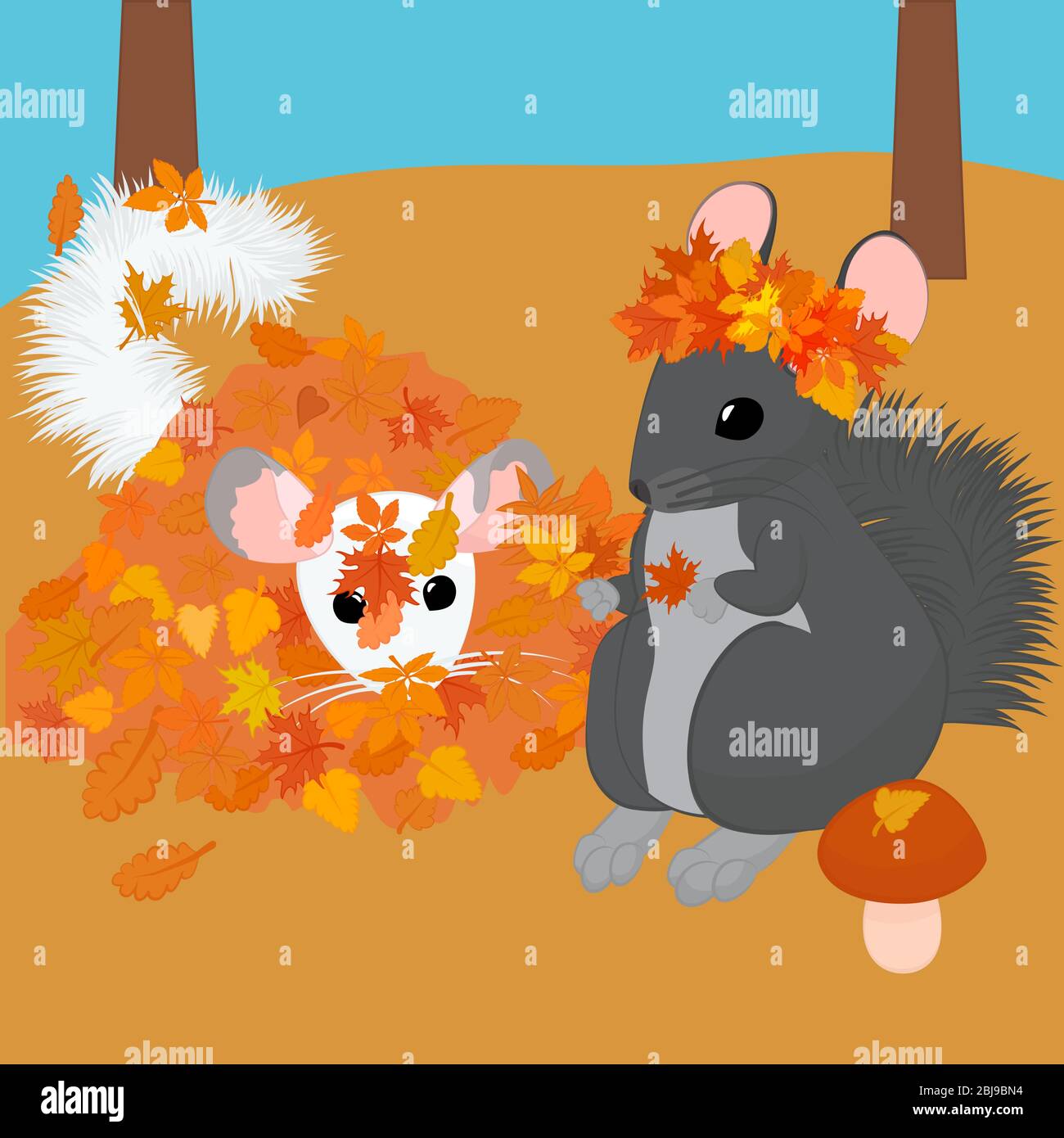 two chinchillas walk and have fun in the autumn forest. vector illustration Stock Vector