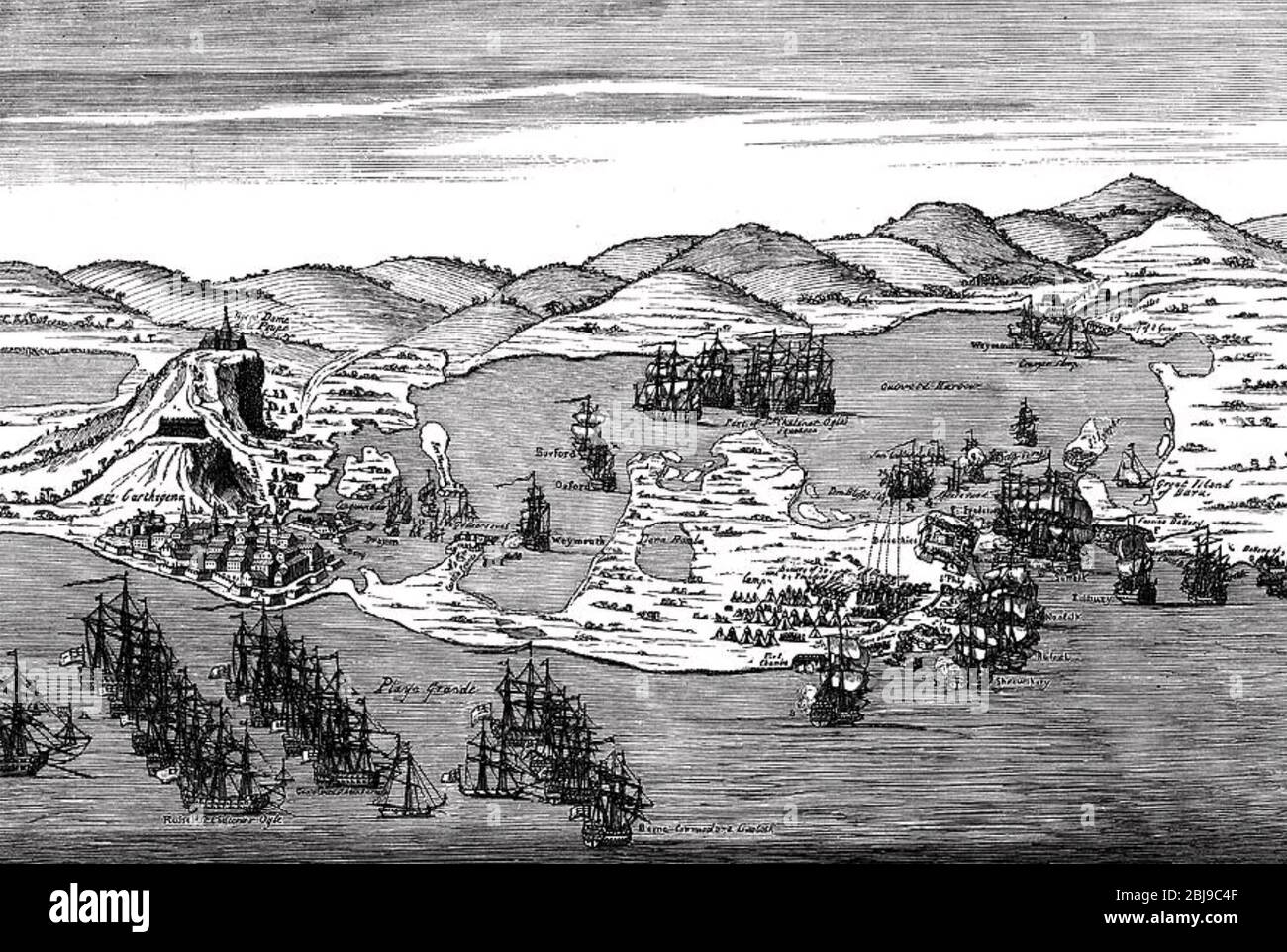 SIEGE OF CARTAGENA 1741 by an English fleet commanded by Admiral Edward Vernon Stock Photo