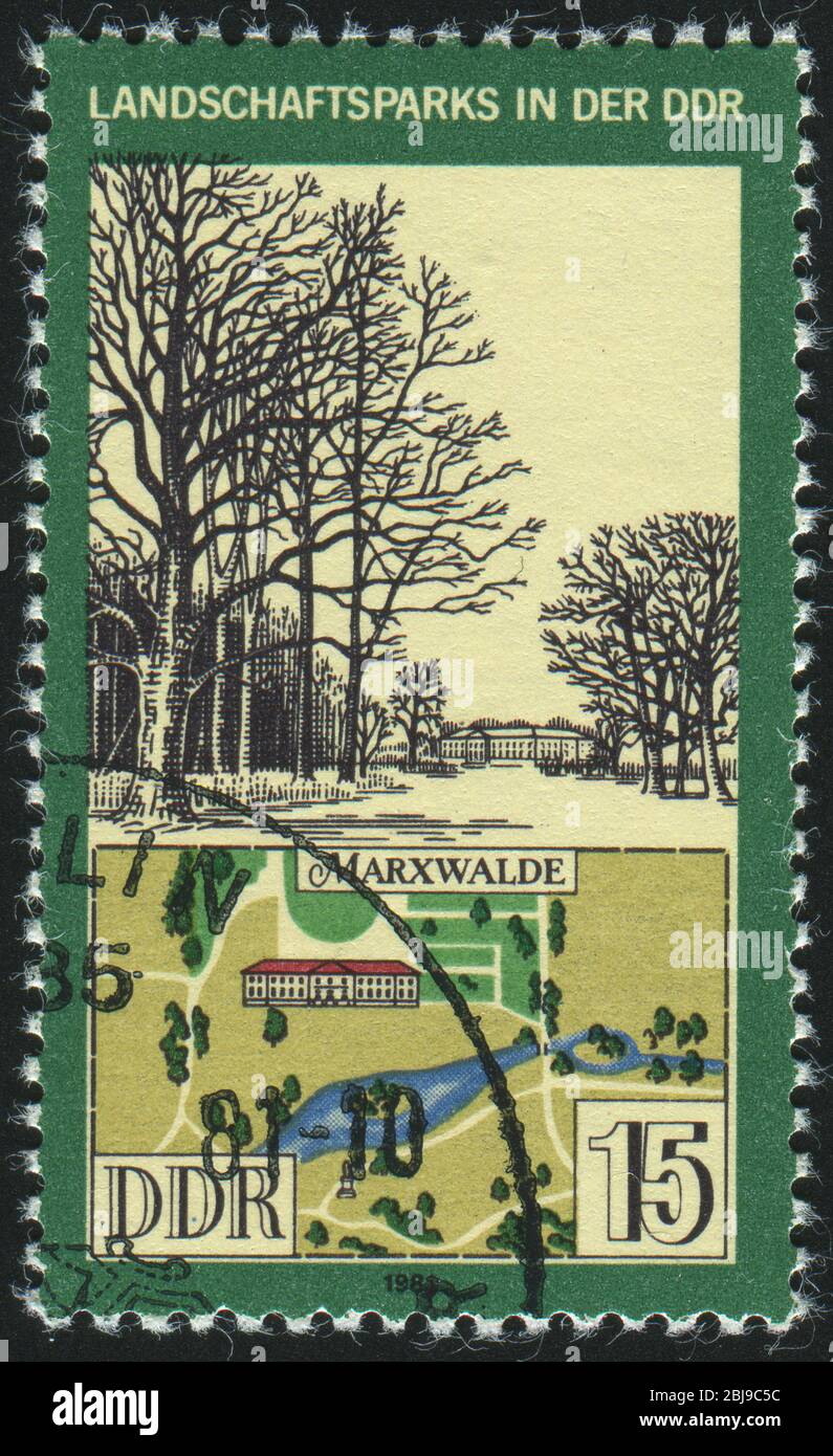 GERMANY- CIRCA 1981: stamp printed by Germany, shows View and Map of Marxwalde Park, circa 1981. Stock Photo