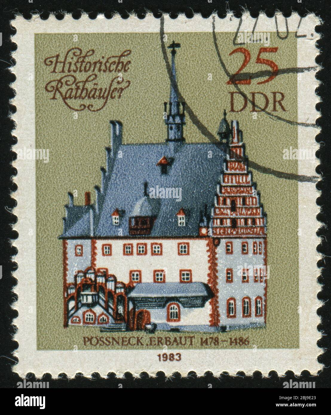 GERMANY- CIRCA 1983: stamp printed by Germany, shows old house, Possneck, circa 1983. Stock Photo