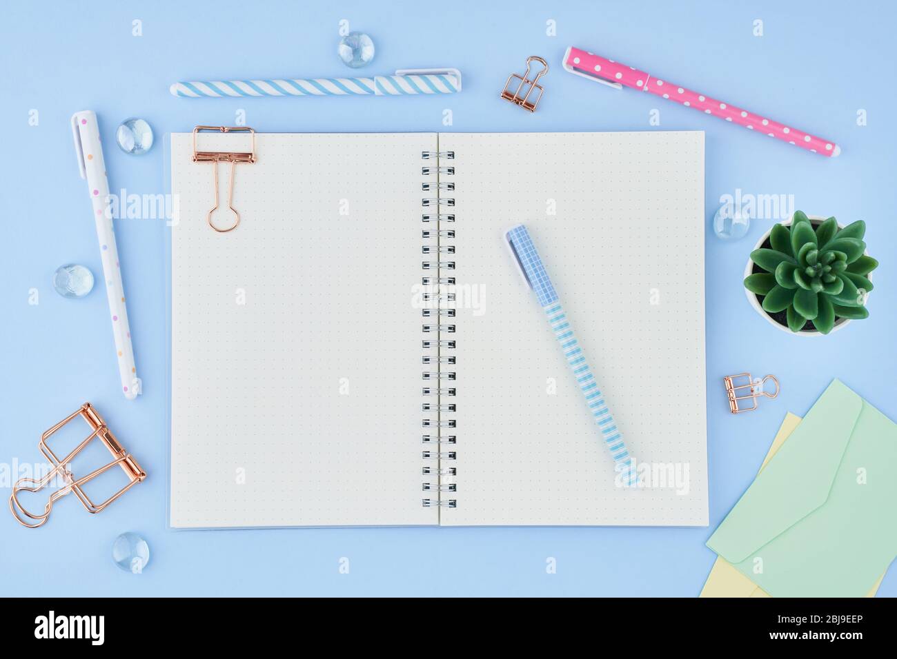 Download Blank Notepad Page In Bullet Journal On Bright Blue Office Desktop Top View Of Modern Table With Notebook Stationery Mock Up Copy Space Concept Stock Photo Alamy