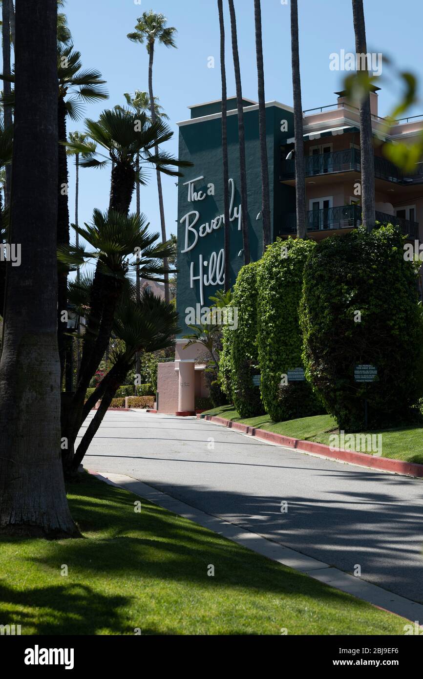 Beverly Hills, CA/USA - April 16, 2020: The famous Beverly Hills Hotel is deserted during the COVID-19 quarantine Stock Photo