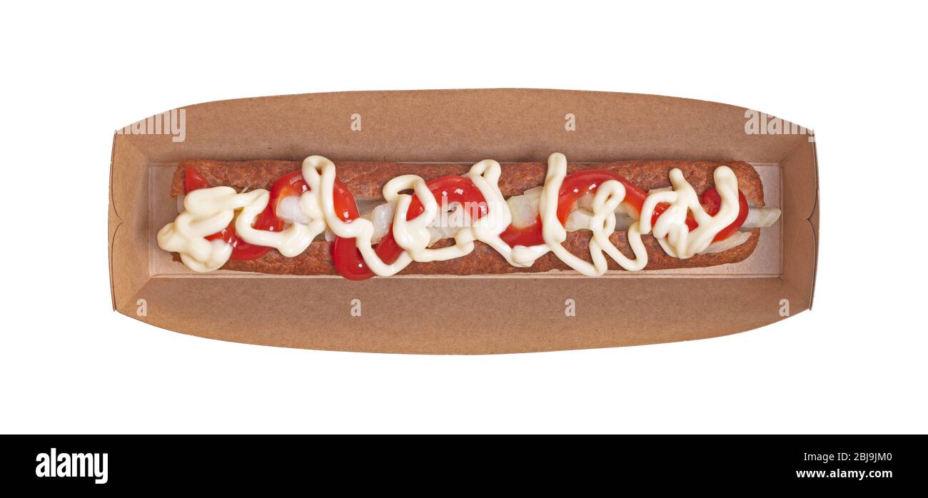 One frikadel with ketchup, mayonnaise on chopped onions, a Dutch fast food snack called 'frikadel speciaal', the Netherlands Stock Photo