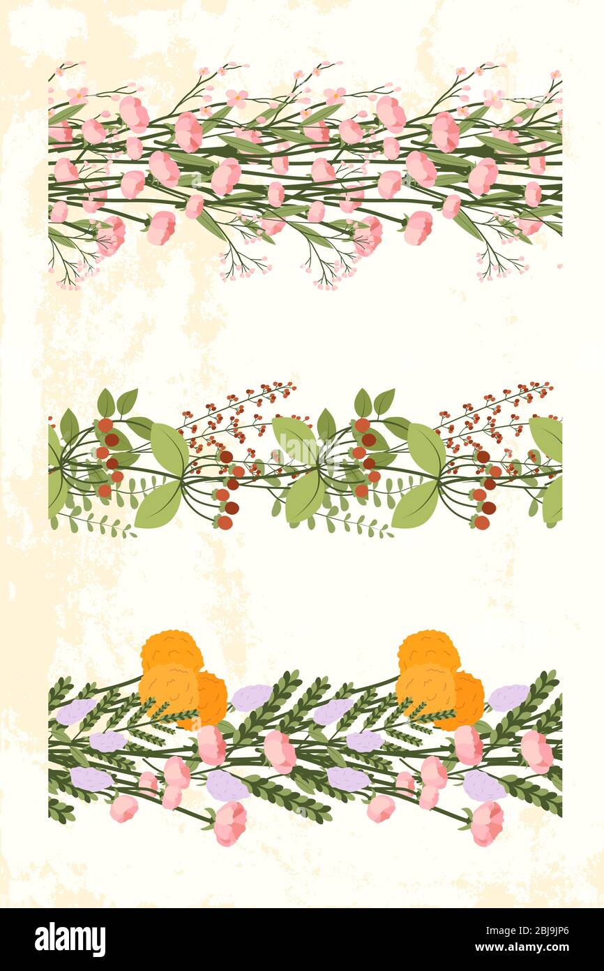Floral seamless border for textile, tape, paper, fabric design. Ornamental plant. Elegant green flower illustration. Stock Vector