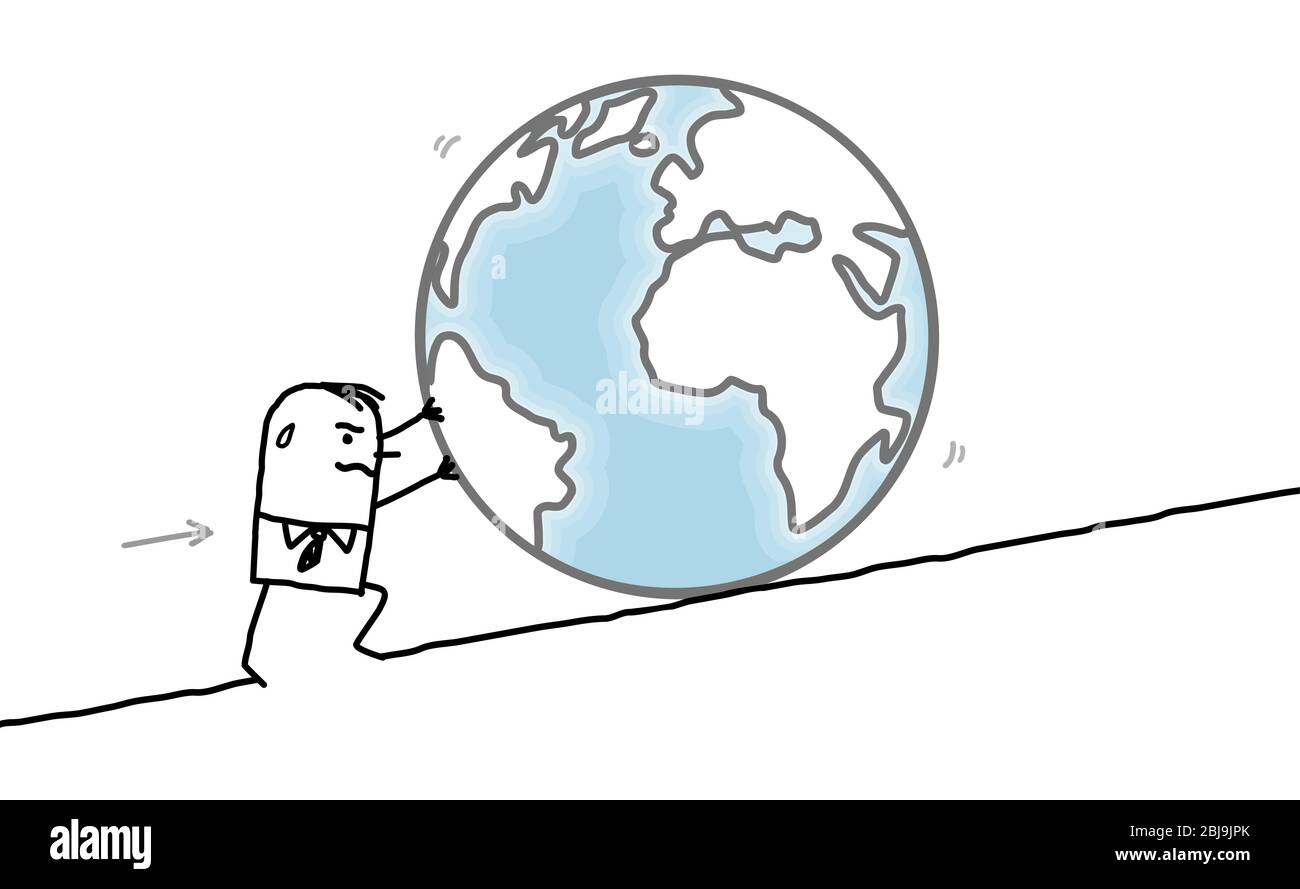 hand drawn Cartoon businessman pushing the big and heavy Earth, up the hill Stock Photo