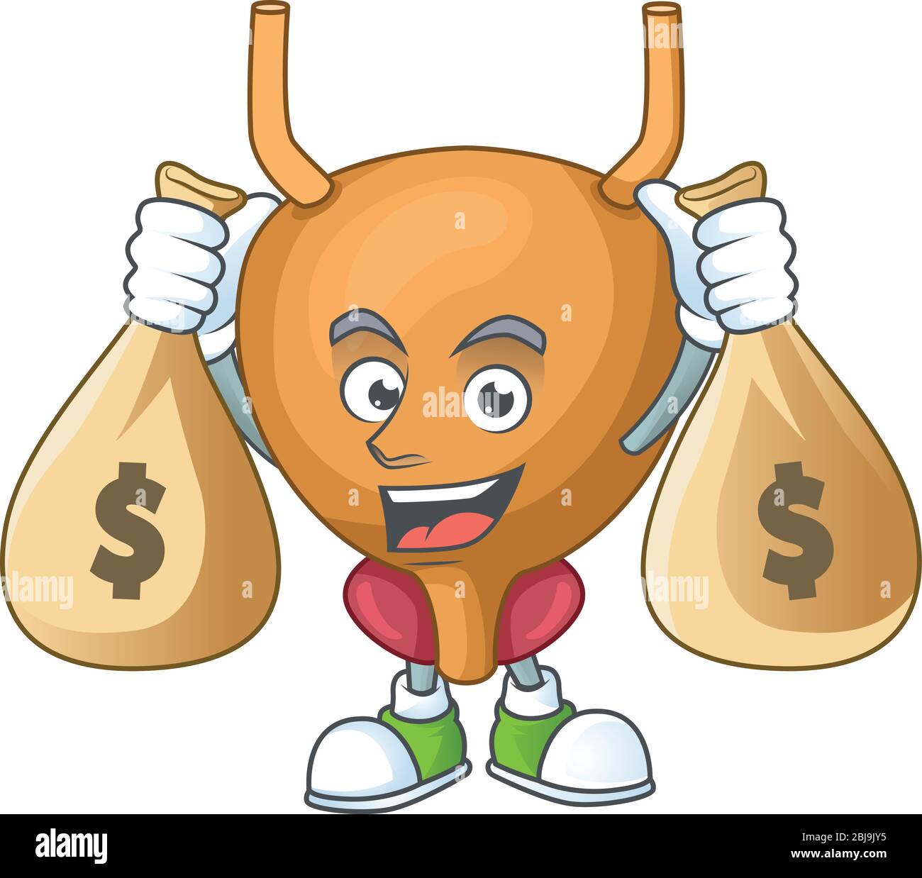 Blissful rich bladder cartoon character having money bags Stock Vector