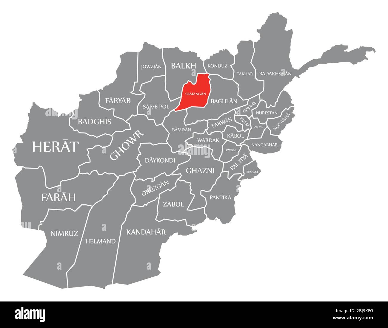 Samangan red highlighted in map of Afghanistan Stock Vector
