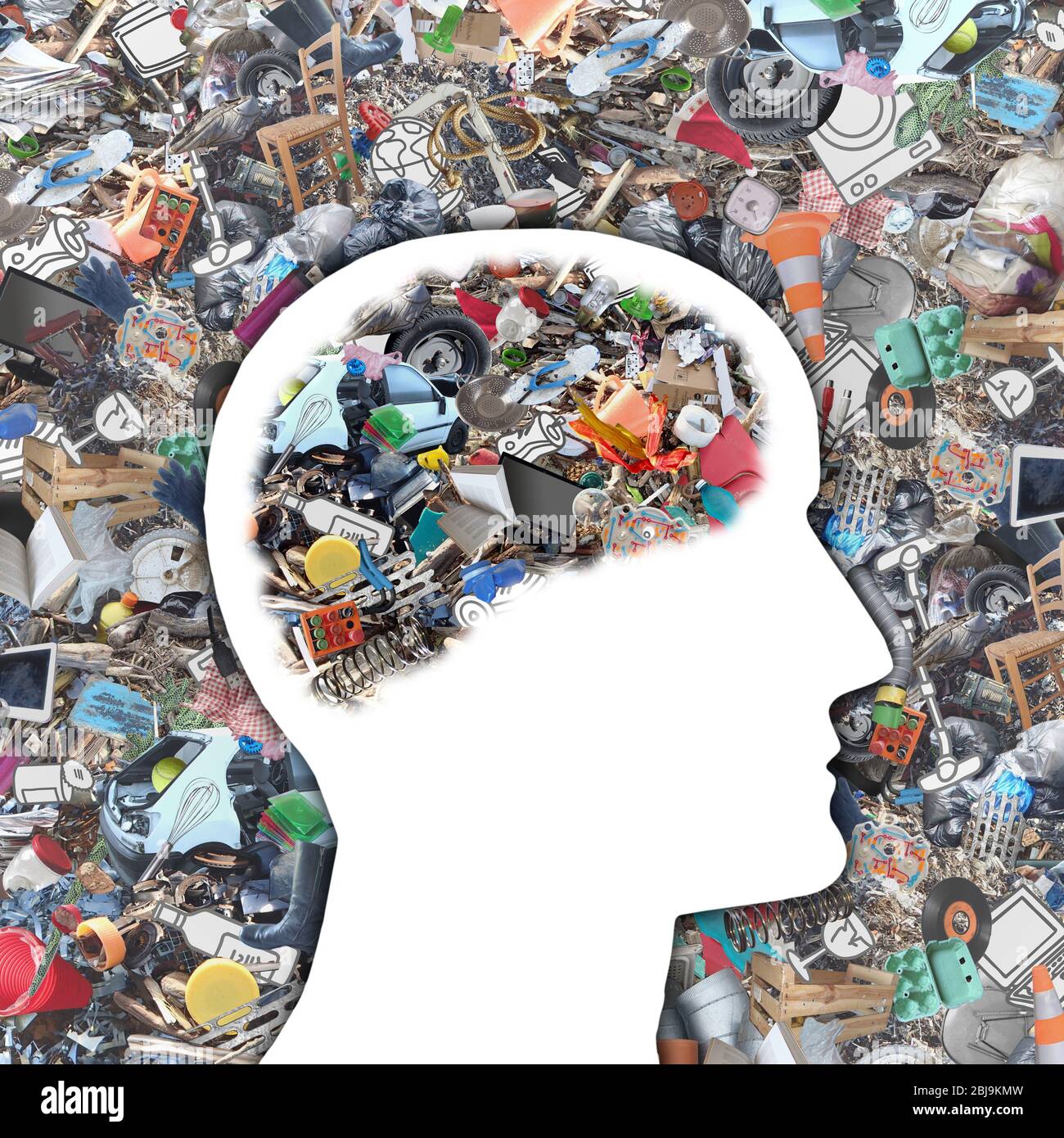 Collage of pollution and garbage objects, around and inside human's ...