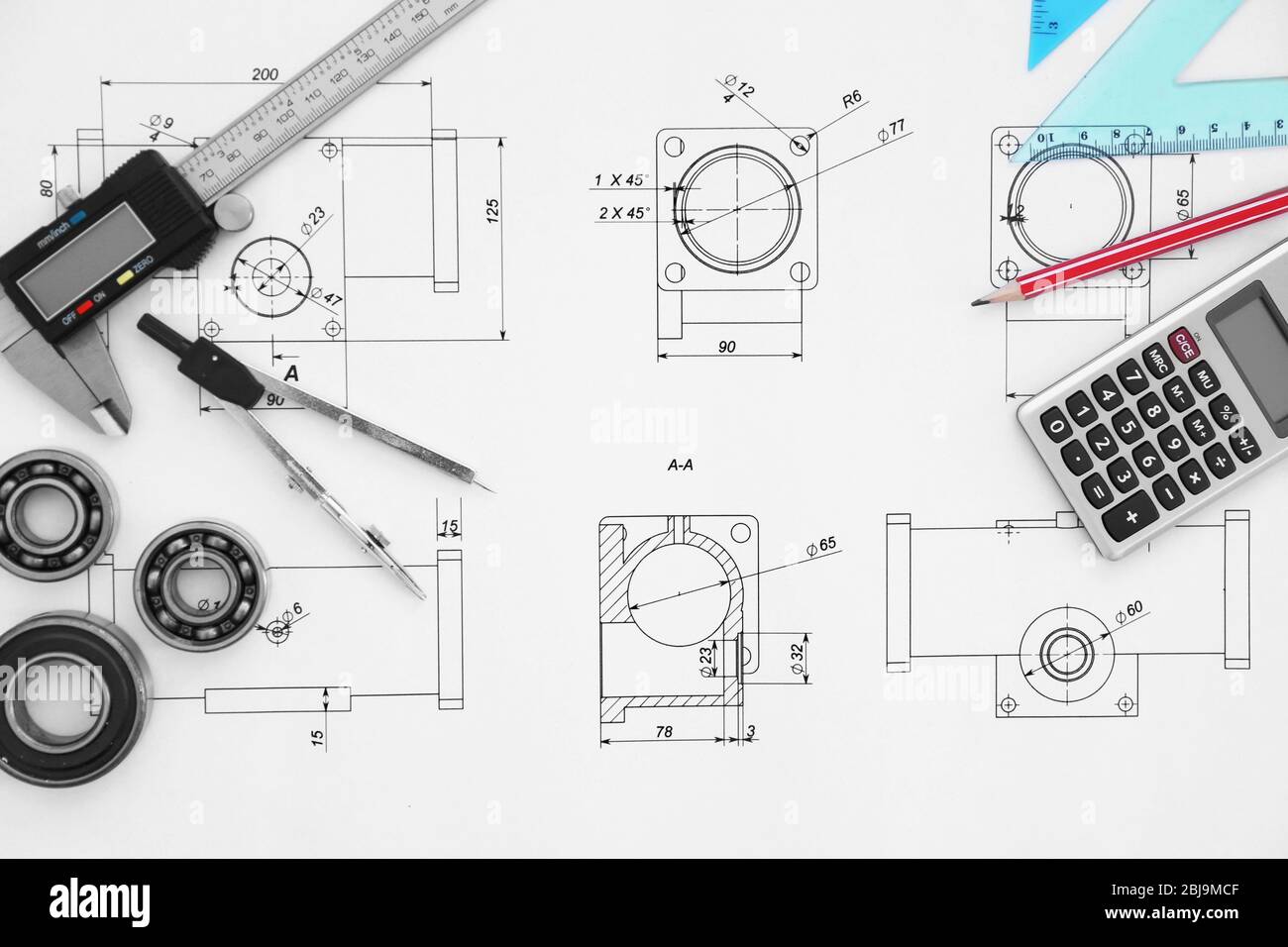 Engineering drawings of parts with tools, top view Stock Photo Alamy
