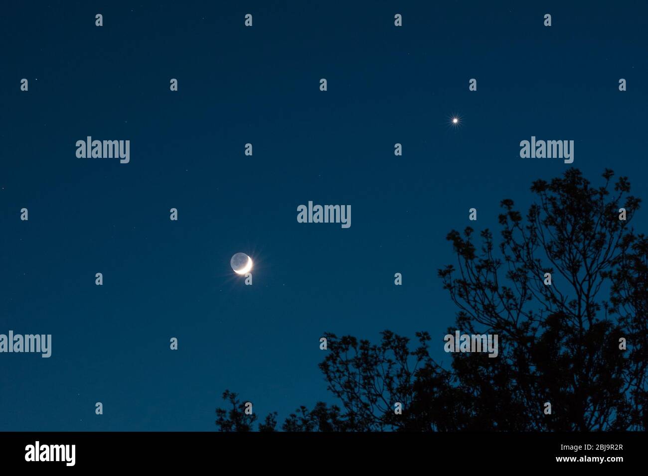 Conjunction of planet Venus and crescent moon Stock Photo