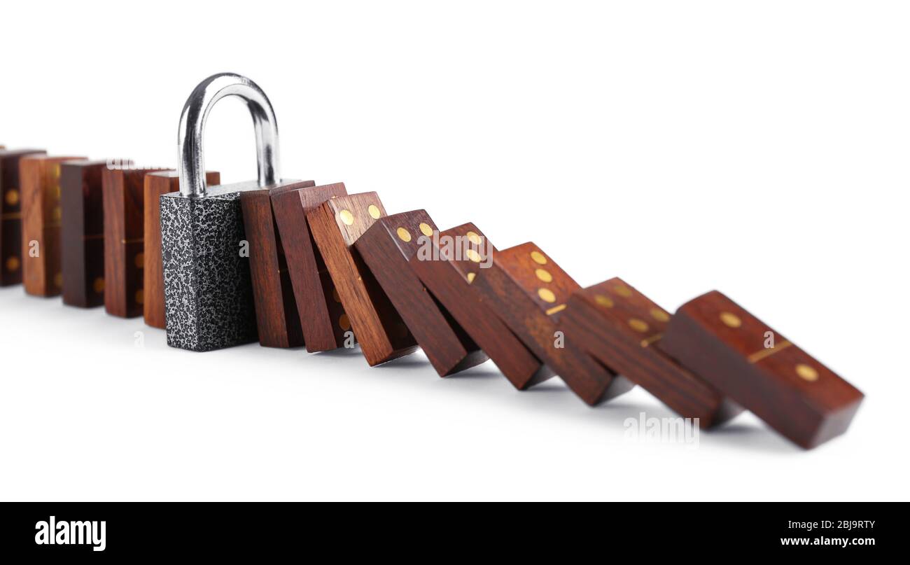 Lock blocked dominoes row, isolated on white Stock Photo - Alamy