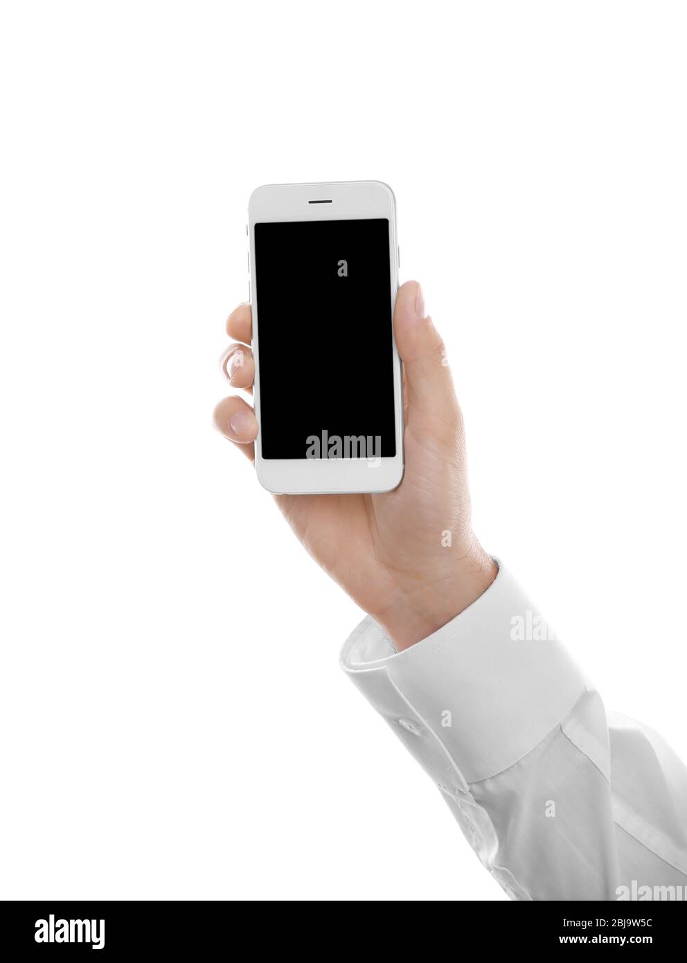Man hand holding smartphone, isolated on white Stock Photo - Alamy