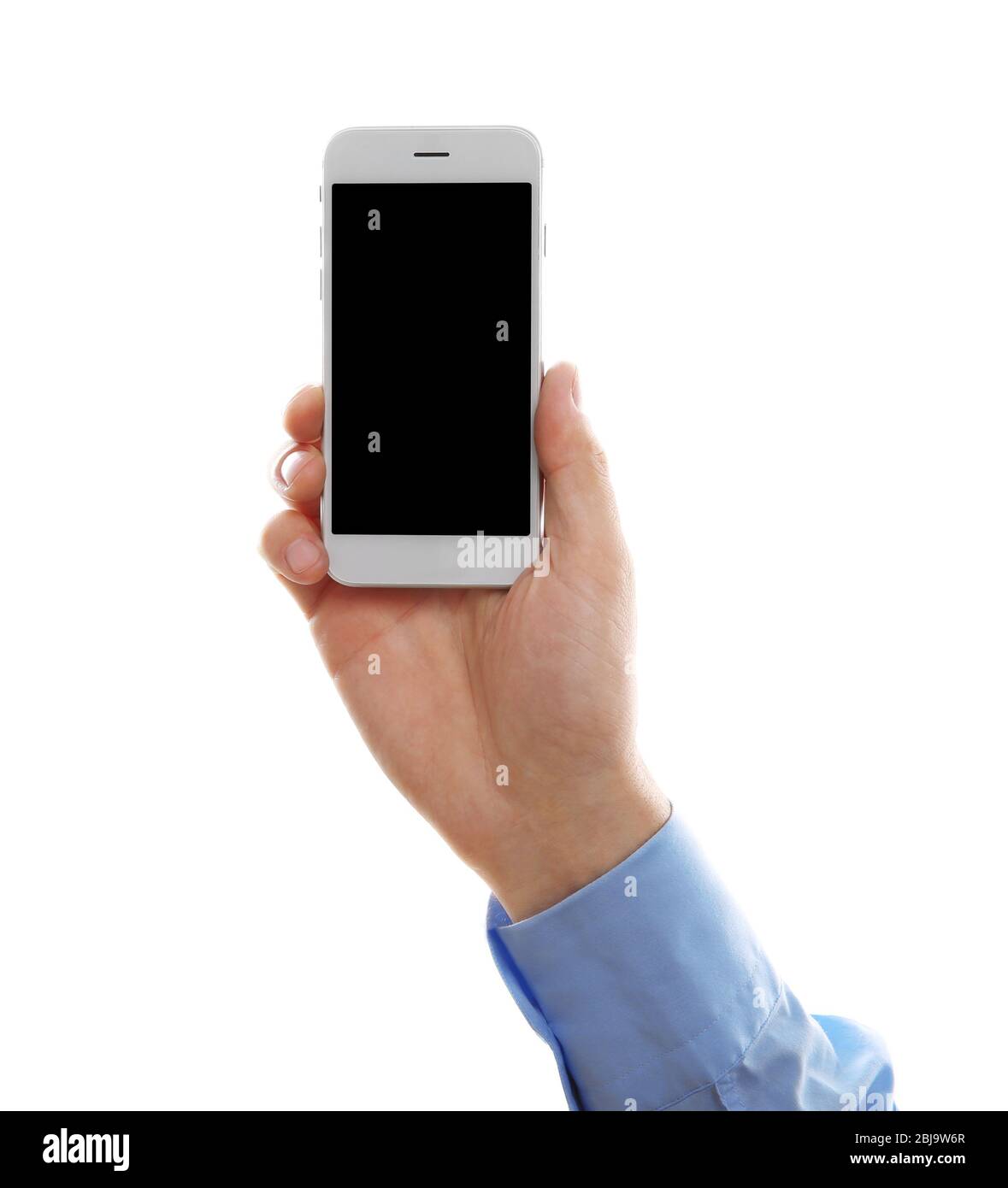 Man hand holding smartphone, isolated on white Stock Photo - Alamy
